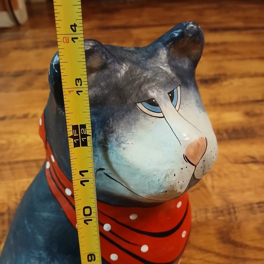 Vtg Paper Mache Cat Sitting Hand Painted Made In Thailand Red Bandana‎ Bow 14